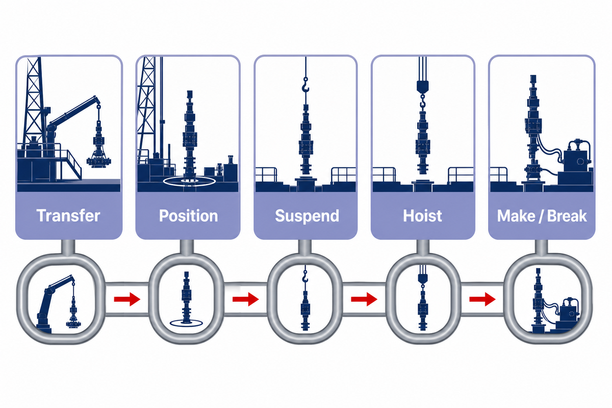Tubular journey map from transfer and positioning through suspension, hoisting, and connection work
