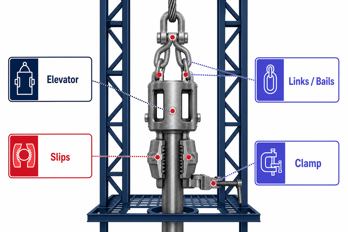 Hoisting and suspension diagram showing distinct elevator, link, bail, slip, and clamp load roles