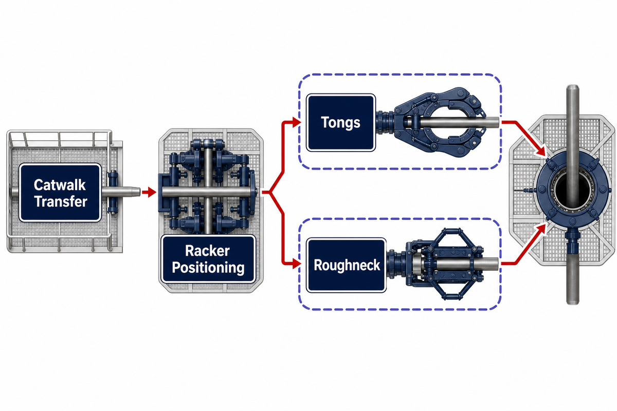 Functional map separating catwalk transfer, racker positioning, and tong or roughneck torque work