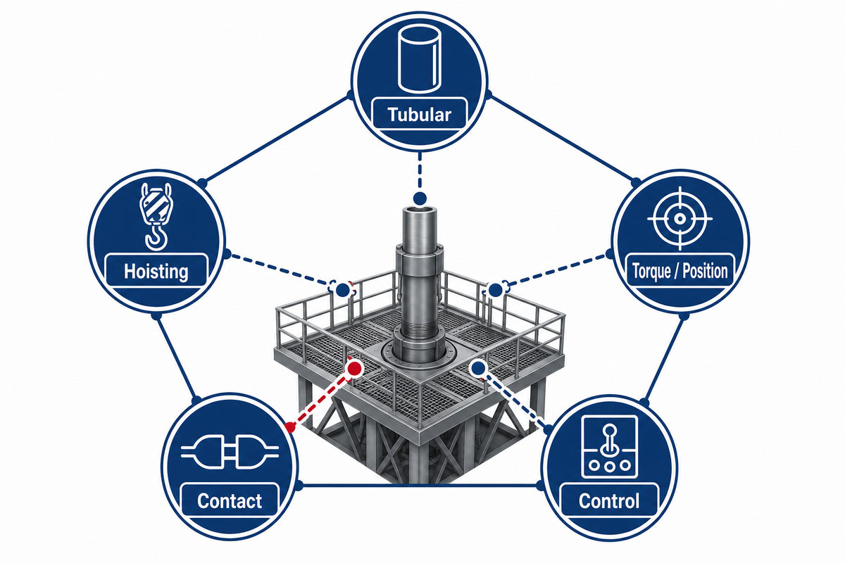 Compatibility map linking tubular, contact, hoisting, torque-position, and control interfaces