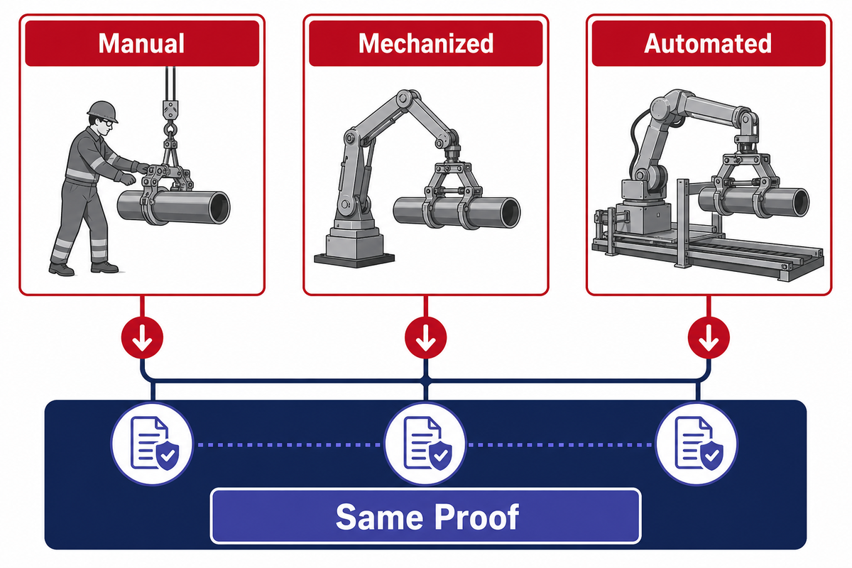 Comparison of manual, mechanized, and automated handling with the same required proof