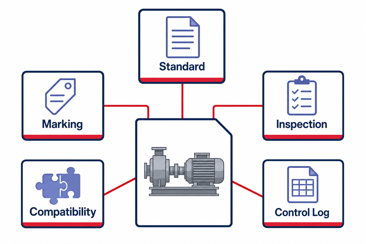 Evidence boundary showing what standards, markings, inspections, compatibility, and logs can prove