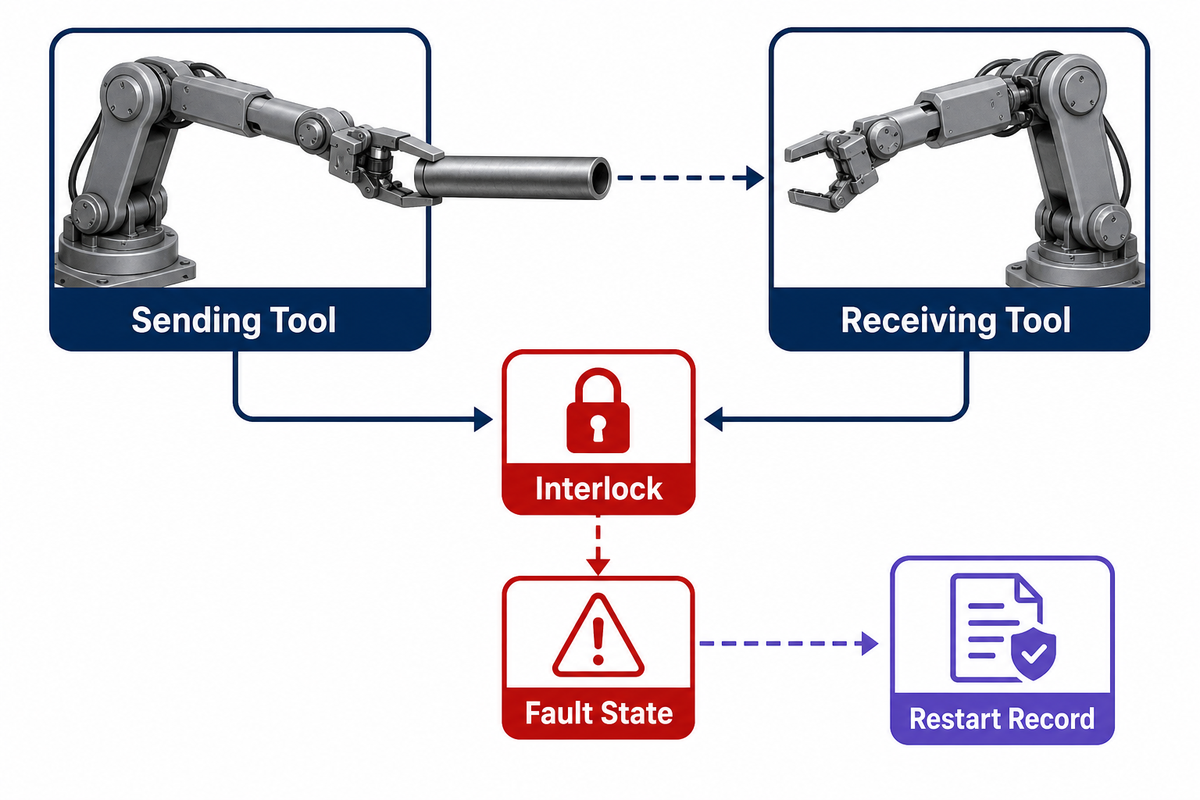 Sensed handoff map connecting sending tool, receiving tool, interlock, fault state, and restart record