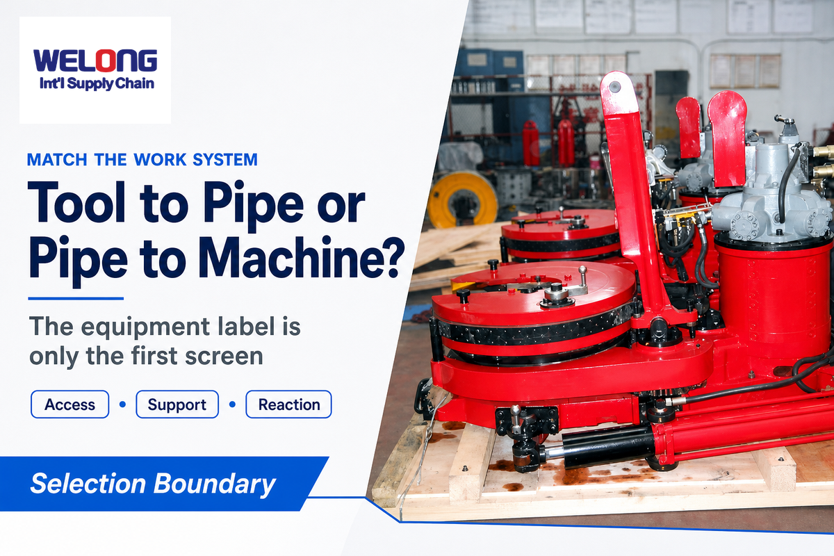 Power tongs go to the pipe; bucking units support the pipe in the machine — WELONG work-system guide