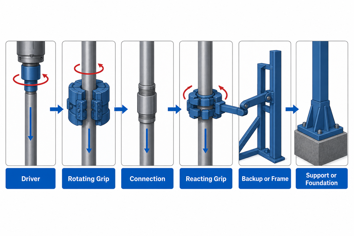 Torque closes through the driver, grips, connection, reaction system and support — WELONG path map