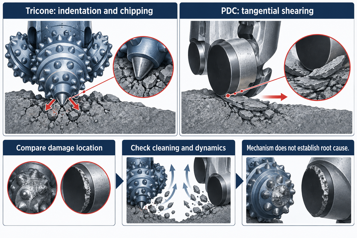 Tricone indentation and PDC shearing explain different damage exposure; Sandia research cautions against inferring cause from wear alone.