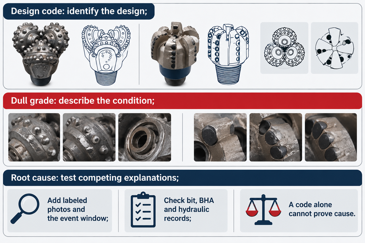 IADC classification and dull grades describe design or observed condition; photos and synchronized records are needed to test cause.