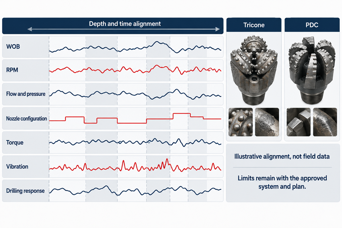 Seven operating channels need depth and time alignment; isolated averages cannot establish a drill-bit failure cause.