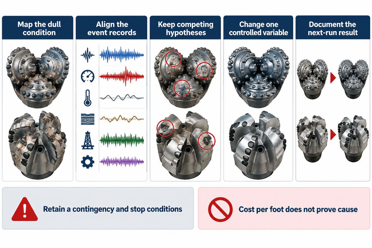 A next-run trial changes one controlled variable and preserves competing hypotheses; cost per foot alone cannot prove cause.