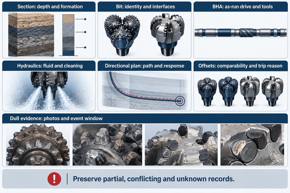 The seven-record dossier ties formation, bit, BHA, hydraulics, direction, offsets and dull evidence to their confidence limits.