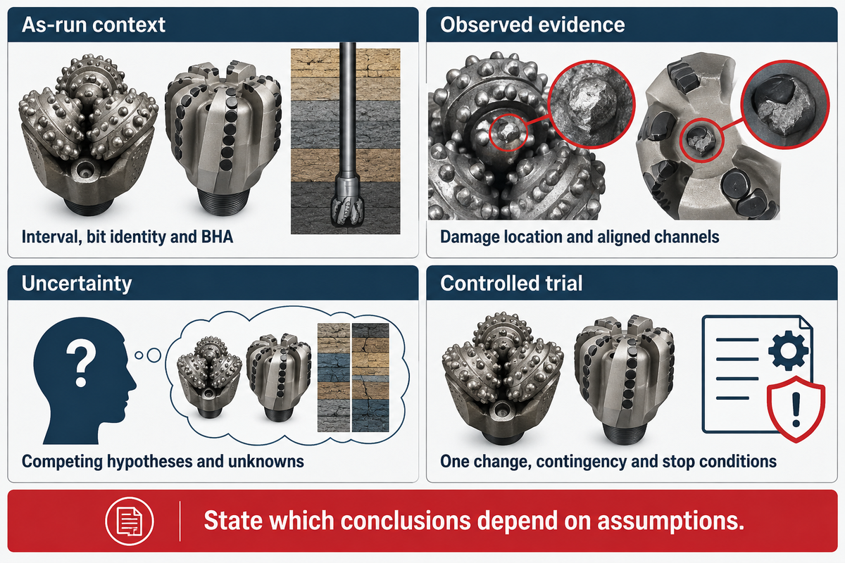 A next-run record connects as-run context, observed damage, uncertainty and one controlled trial with explicit stop conditions.
